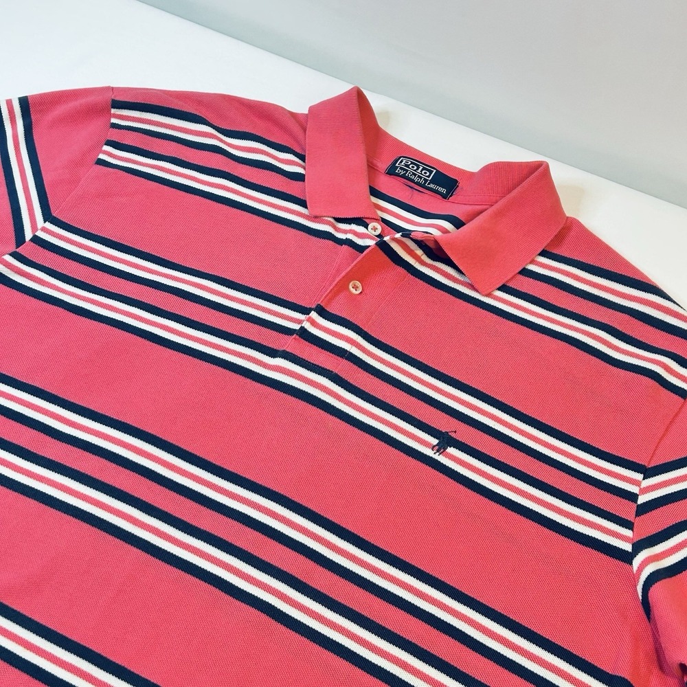 Polo Ralph Lauren Men XXL Pink Striped Pique Knit Short Sleeve Polo Shirt